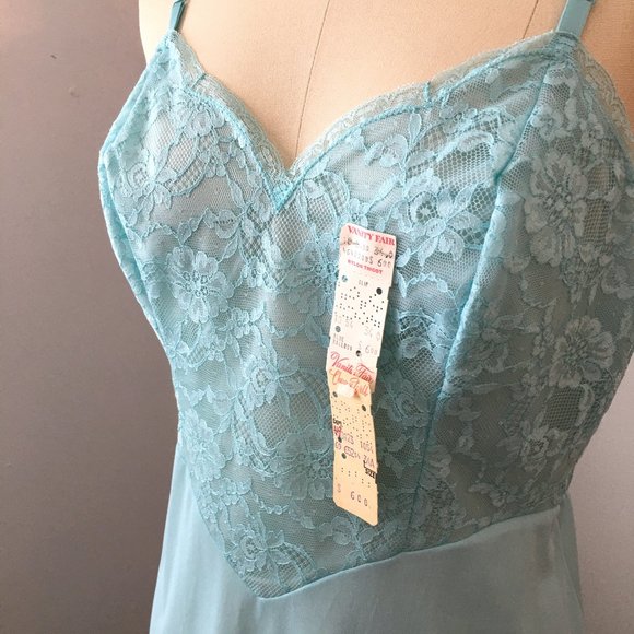 Vintage 50s Robin's Egg Blue Lace Full Slip, NWT, 34" Bust, Slip Dress - Picture 10 of 16